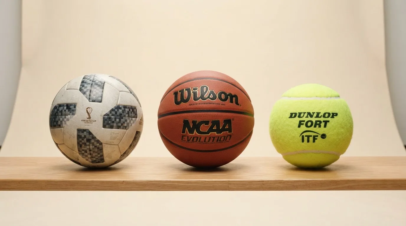 Tres balones de distintos tipos, uno junto a otro, sobre un banco de madera