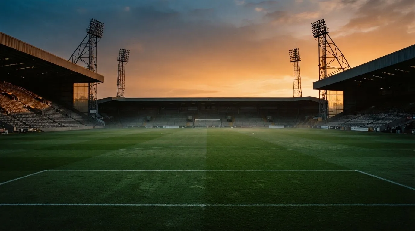 Un estadio de fútbol vacío con torres de iluminación al atardecer