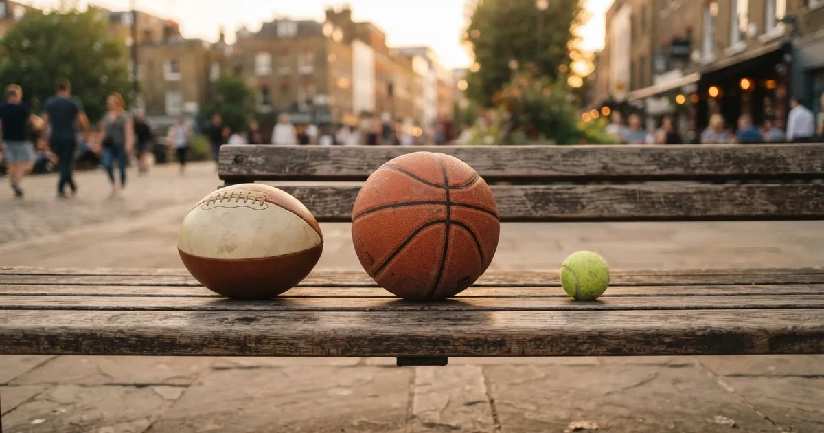 Tres balones de distintos tipos, uno junto a otro, sobre un banco de madera