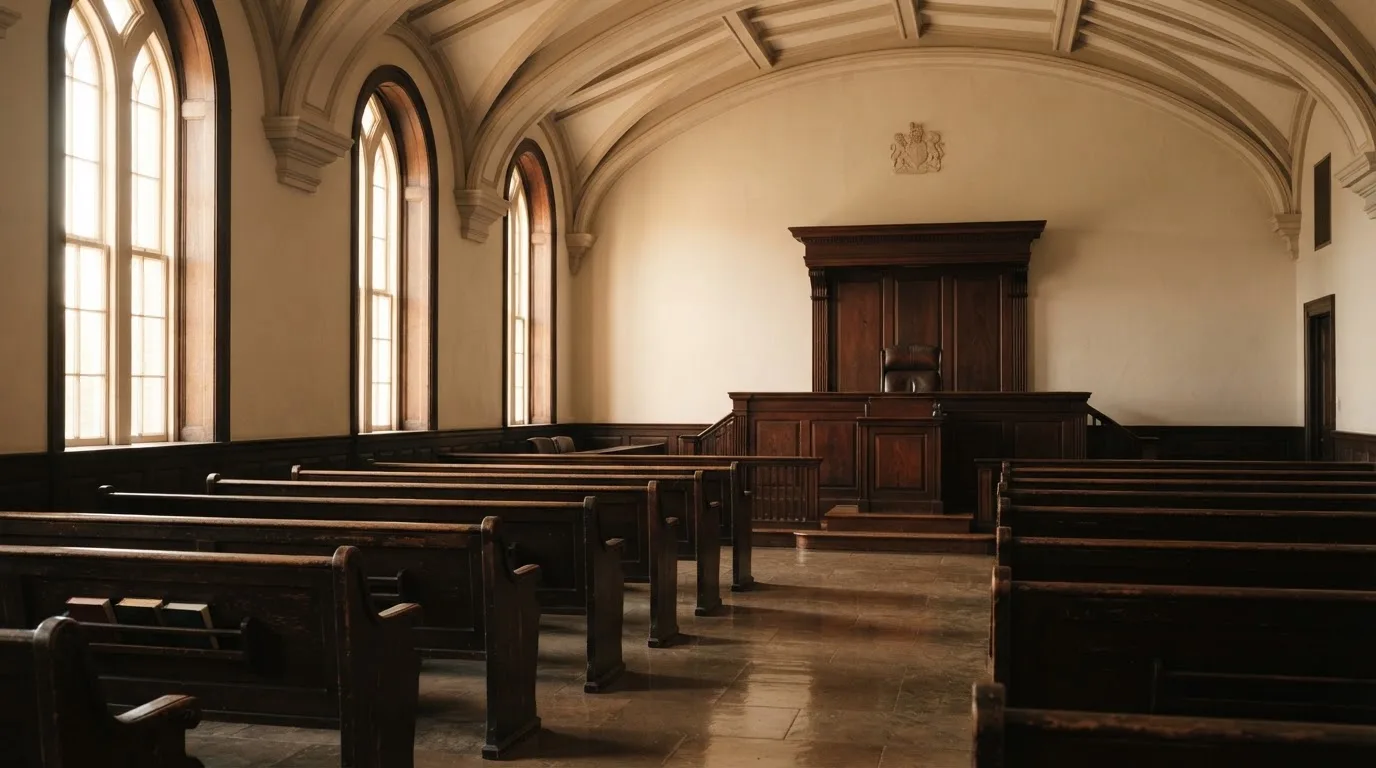 Una sala de tribunal vacía con bancos de madera a la luz de la mañana