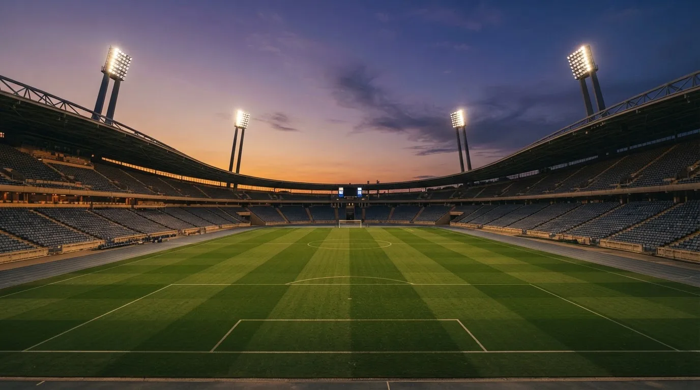Un estadio de fútbol vacío con torres de iluminación al atardecer