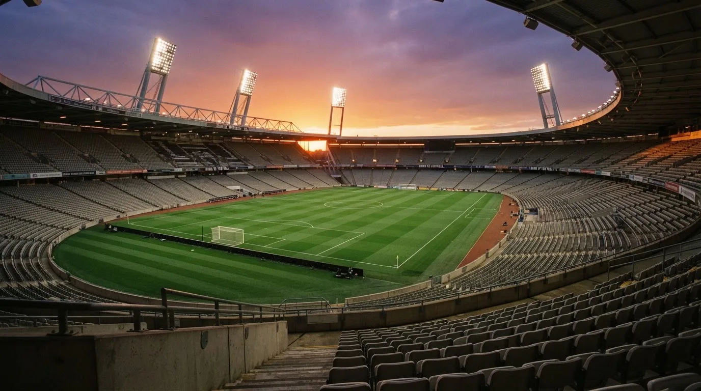 Un estadio de fútbol vacío con torres de iluminación al atardecer