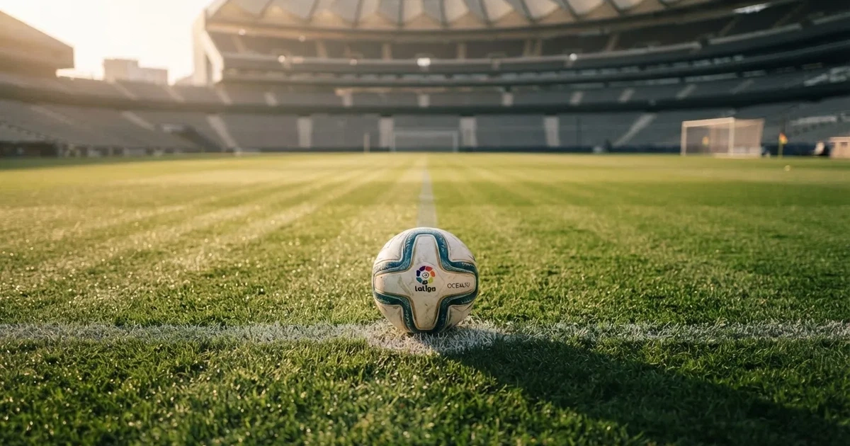 Un balón en el punto central de un campo de césped a la luz de la mañana