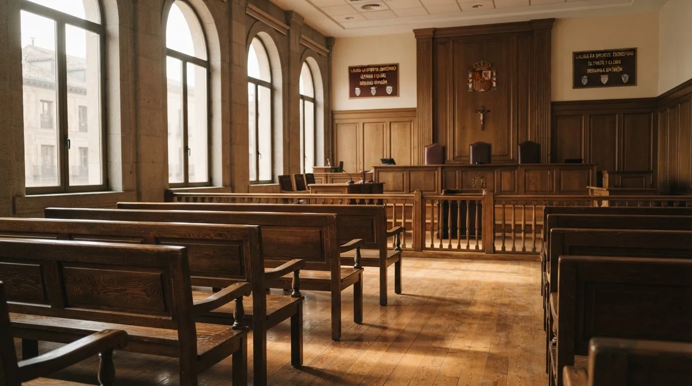 Una sala de tribunal vacía con bancos de madera a la luz de la mañana